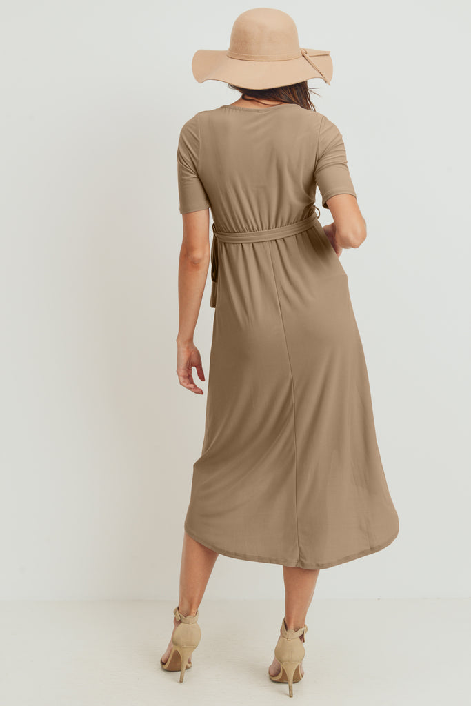 Mocha Solid Tie Waist High-Low Maternity/Nursing Dress