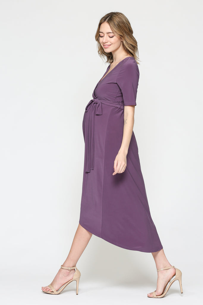 Purple Solid Tie Waist High-Low Maternity/Nursing Dress