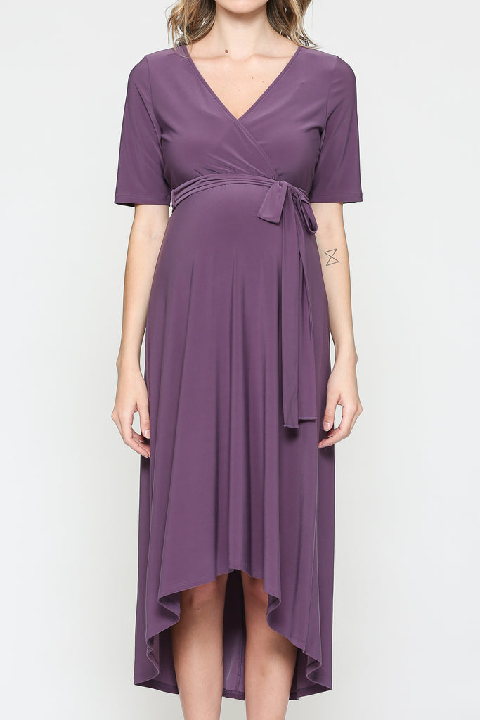 Purple Solid Tie Waist High-Low Maternity/Nursing Dress