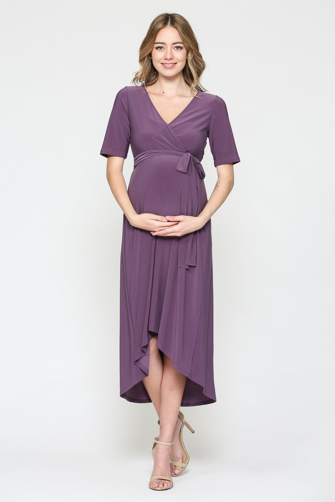 Purple Solid Tie Waist High-Low Maternity/Nursing Dress