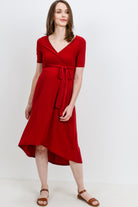 Burgundy Solid Tie Waist High-Low Maternity/Nursing Dress