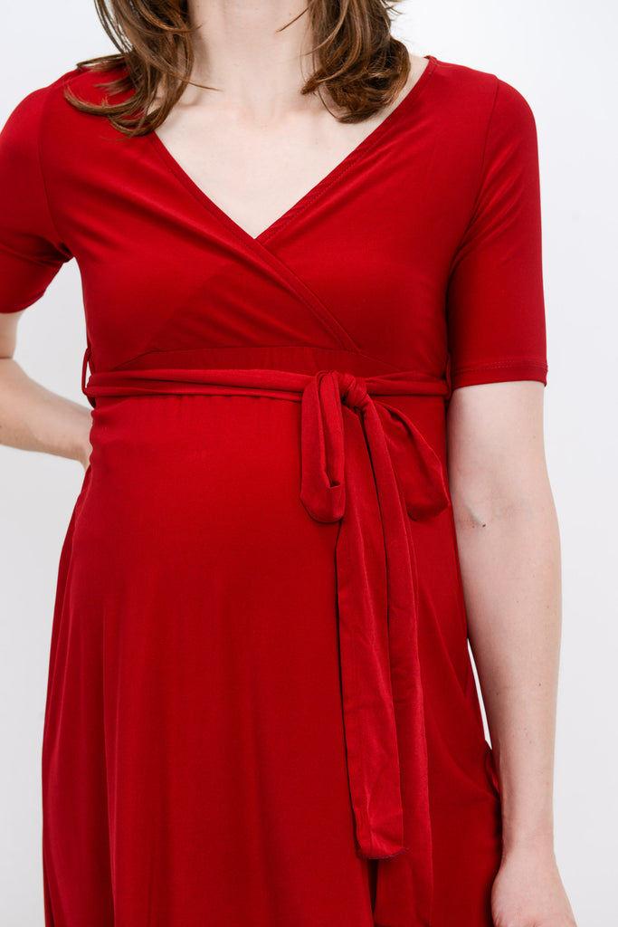 Burgundy Solid Tie Waist High-Low Maternity/Nursing Dress