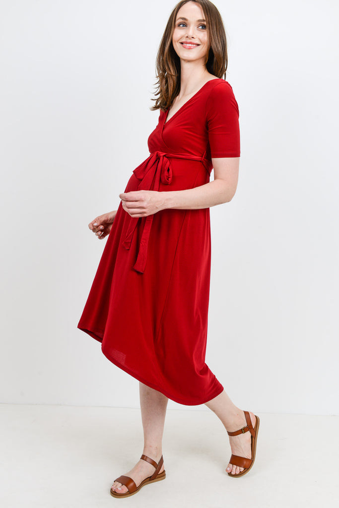 Burgundy Solid Tie Waist High-Low Maternity/Nursing Dress