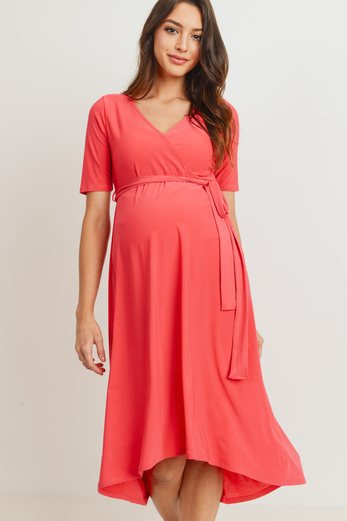 Coral Solid Tie Waist High-Low Maternity/Nursing Dress