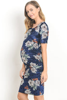 Navy Floral Velvet Maternity Scoop Neck Dress