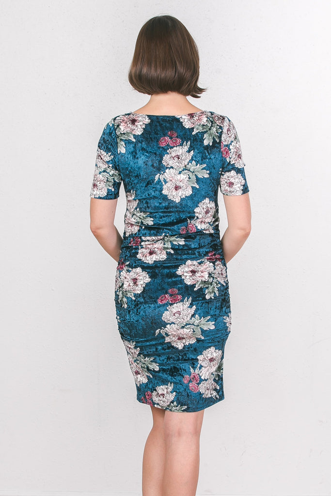 Teal Floral Velvet Maternity Scoop Neck Dress