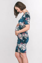Teal Floral Velvet Maternity Scoop Neck Dress