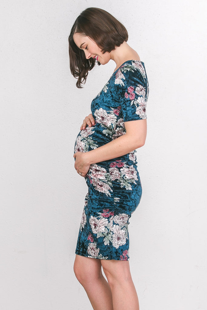 Teal Floral Velvet Maternity Scoop Neck Dress