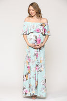 Mint Floral Ruffle Off Shoulder Maternity Maxi Dress