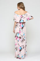 Floral Ruffle Off Shoulder Maternity Maxi Dress in blush color with floral print