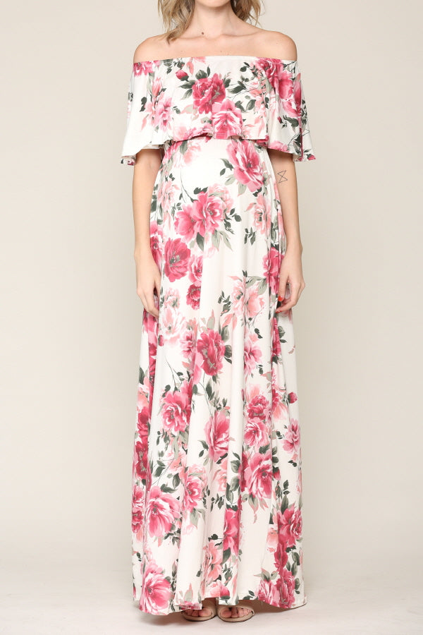 Ivory Floral Ruffle Off Shoulder Maxi Maternity Dress