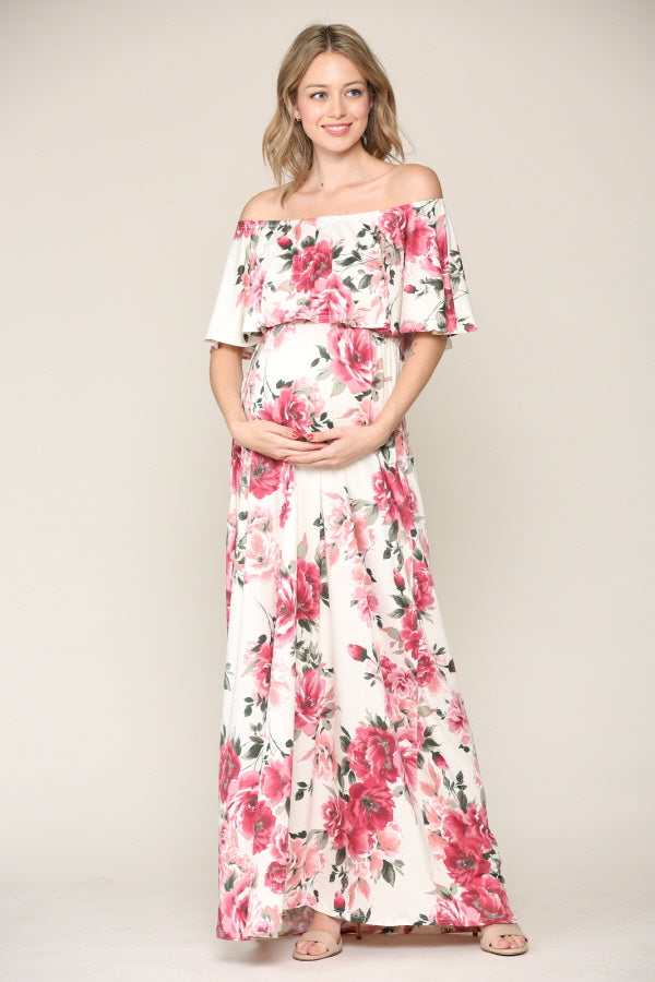 Ivory Floral Ruffle Off Shoulder Maxi Maternity Dress