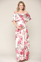 Ivory Floral Ruffle Off Shoulder Maxi Maternity Dress