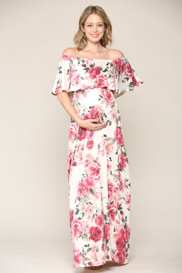 Ivory Floral Ruffle Off Shoulder Maxi Maternity Dress