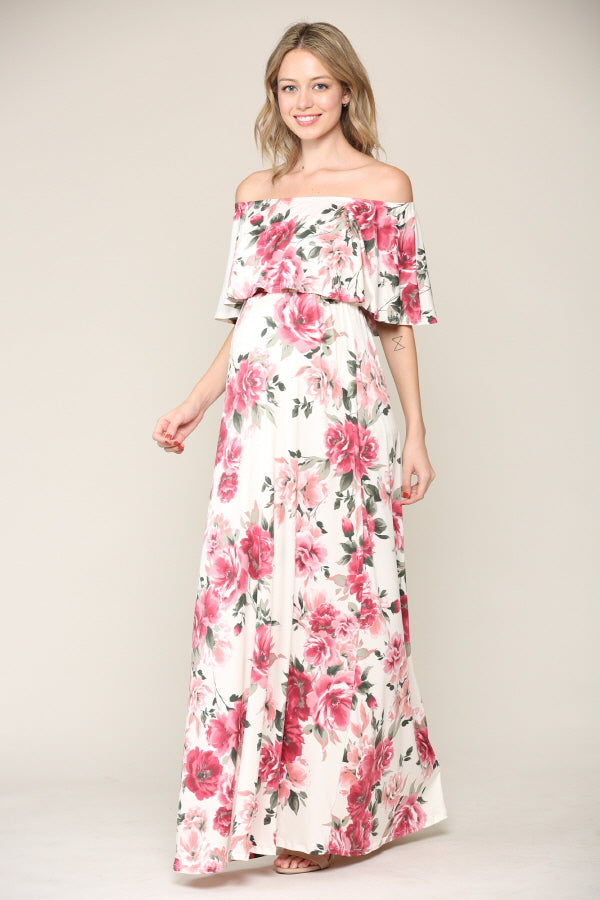 Ivory Floral Ruffle Off Shoulder Maxi Maternity Dress