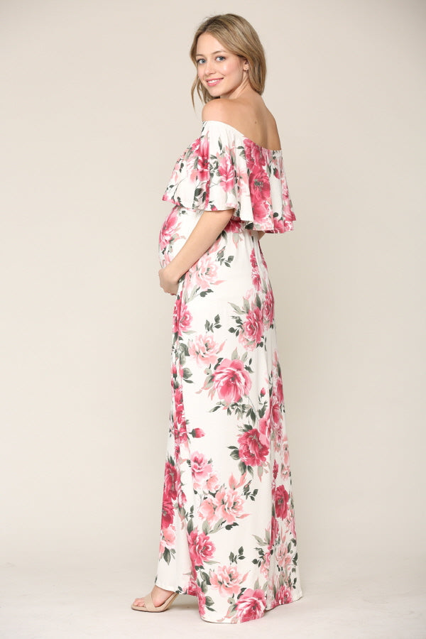 Ivory Floral Ruffle Off Shoulder Maxi Maternity Dress