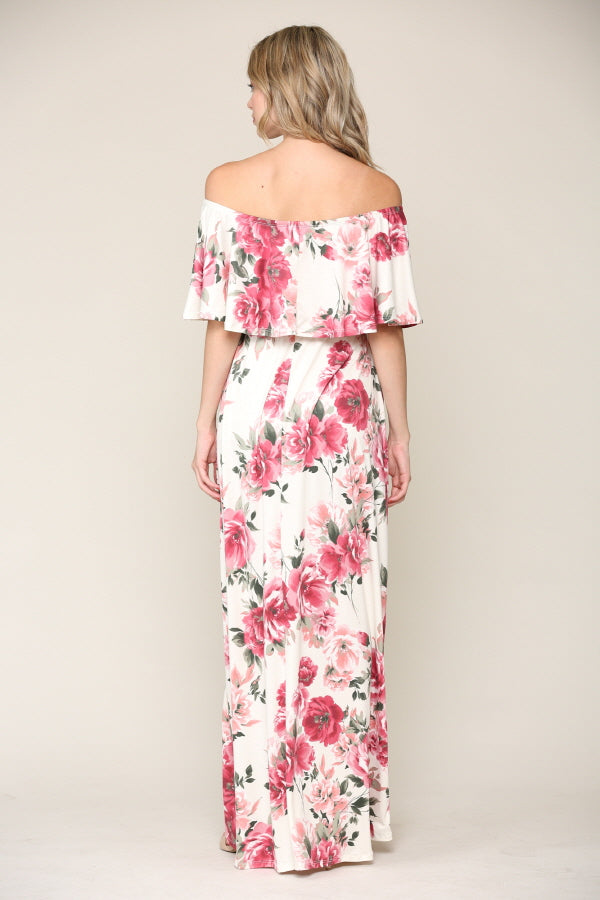 Ivory Floral Ruffle Off Shoulder Maxi Maternity Dress