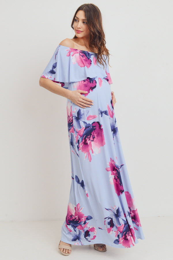 Chambray Off Shoulder Ruffle Maternity Maxi Dress