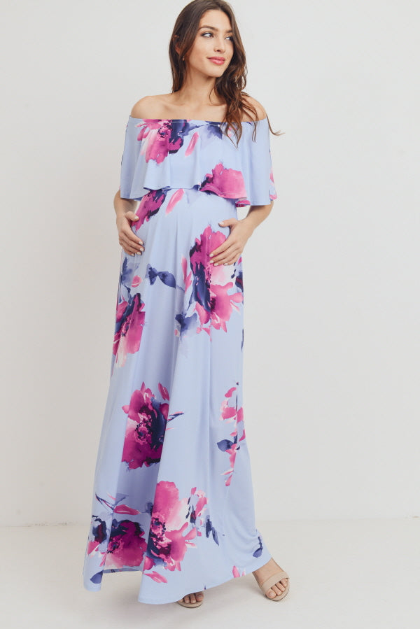 Chambray Off Shoulder Ruffle Maternity Maxi Dress