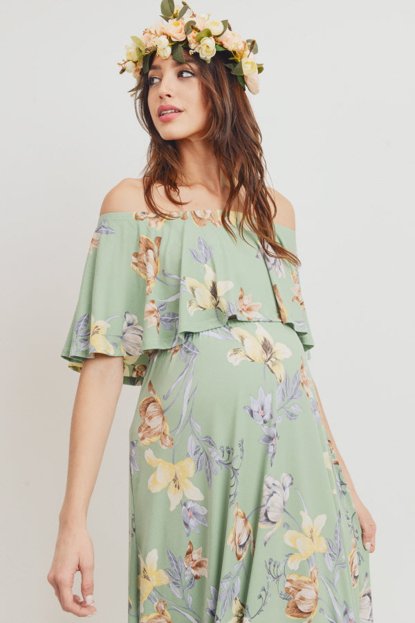 Sage Floral Off Shoulder Maternity Maxi Dress