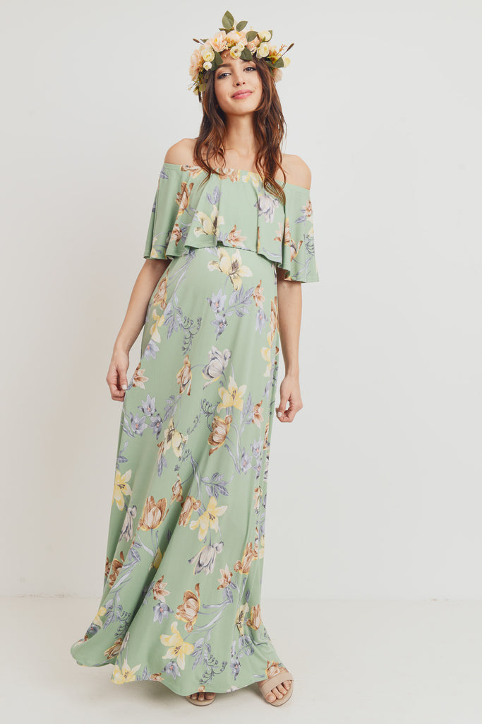 Sage Floral Off Shoulder Maternity Maxi Dress