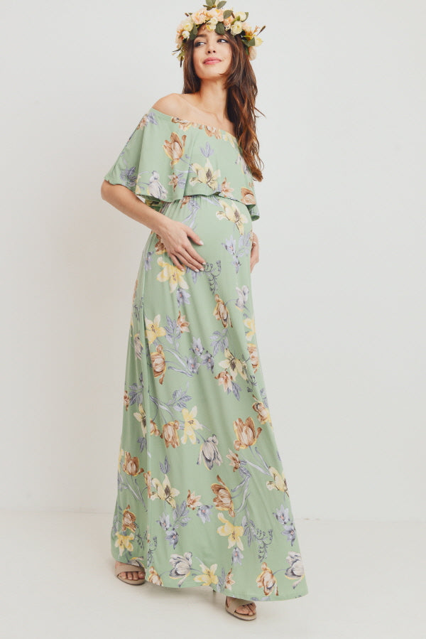 Sage Floral Off Shoulder Maternity Maxi Dress