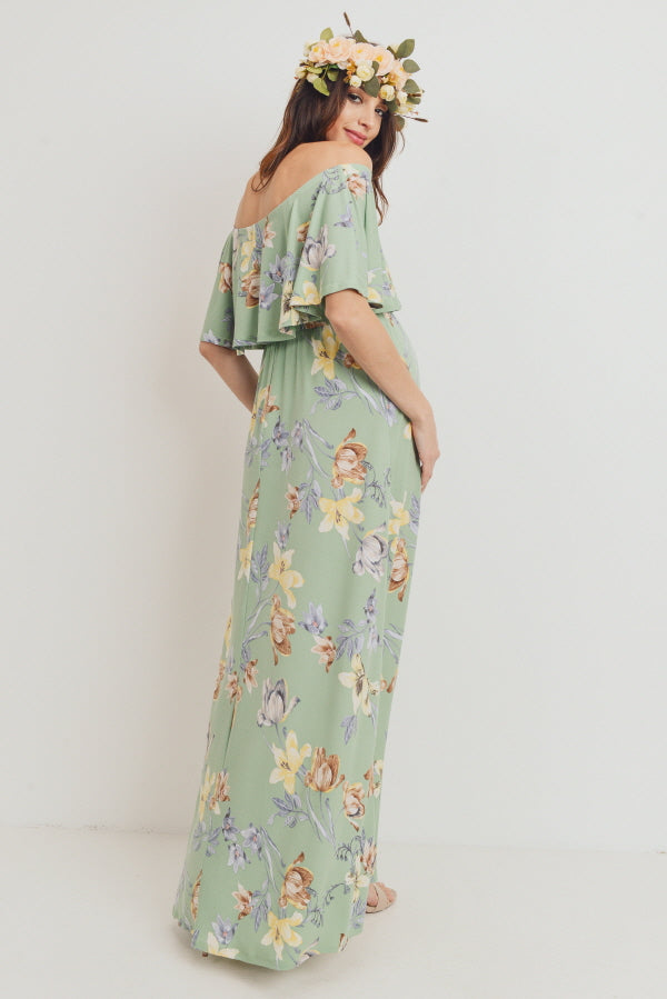 Sage Floral Off Shoulder Maternity Maxi Dress