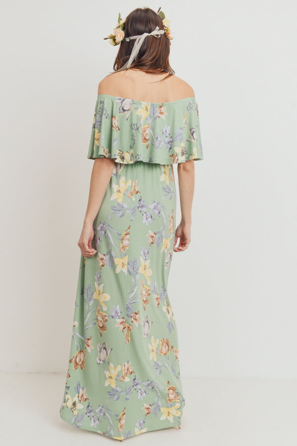 Sage Floral Off Shoulder Maternity Maxi Dress