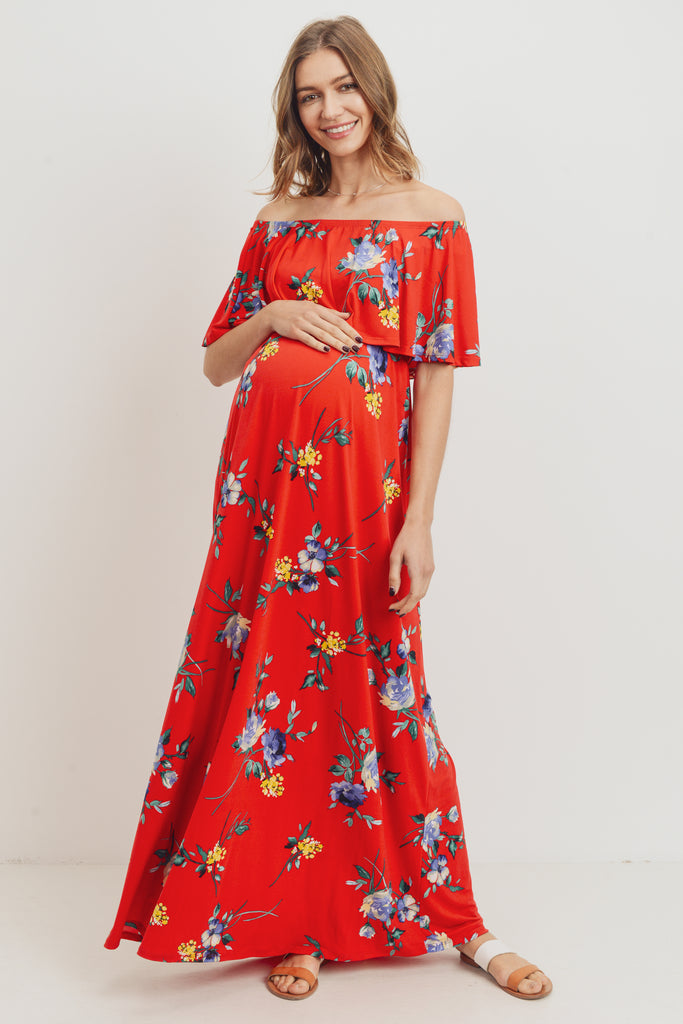 Red Floral Off Shoulder Maternity Maxi Dress