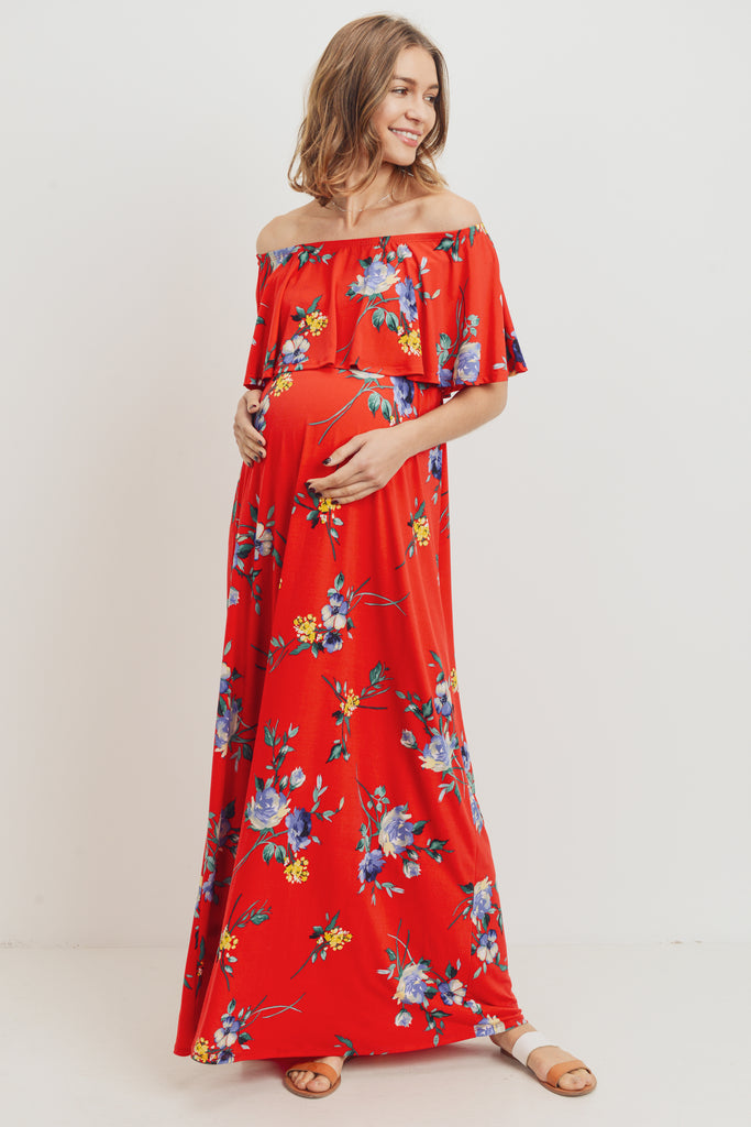 Red Floral Off Shoulder Maternity Maxi Dress