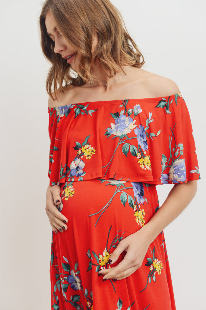 Red Floral Off Shoulder Maternity Maxi Dress