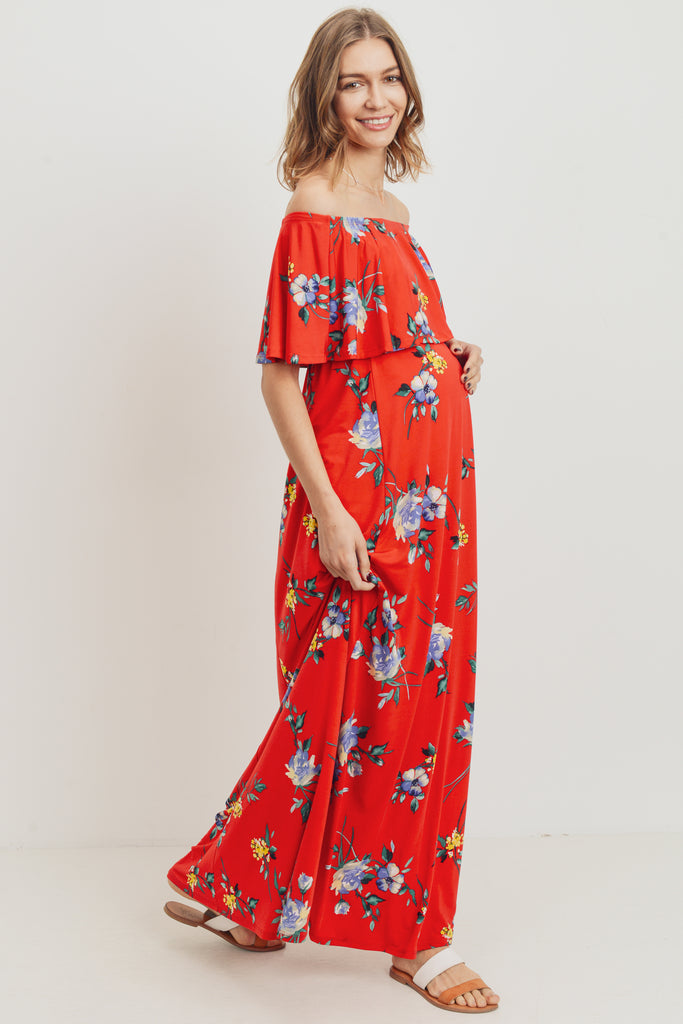 Red Floral Off Shoulder Maternity Maxi Dress