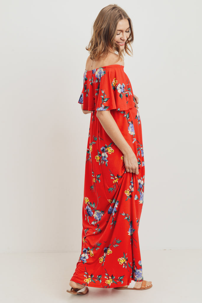 Red Floral Off Shoulder Maternity Maxi Dress