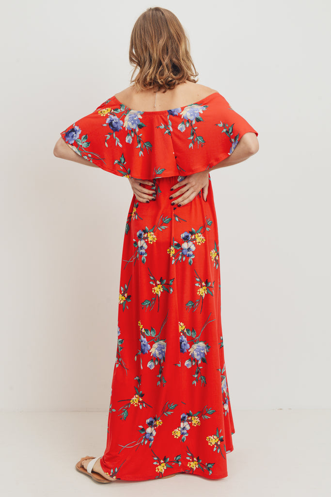 Red Floral Off Shoulder Maternity Maxi Dress