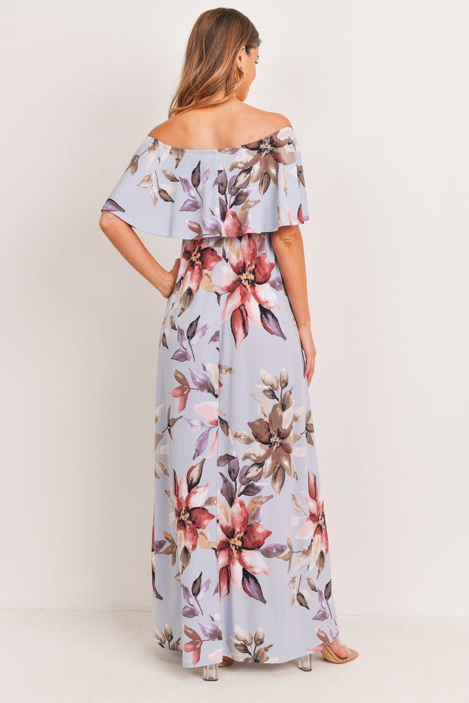 Light Blue Floral Off Shoulder Maternity Maxi Dress