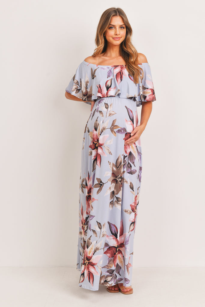 Light Blue Floral Off Shoulder Maternity Maxi Dress