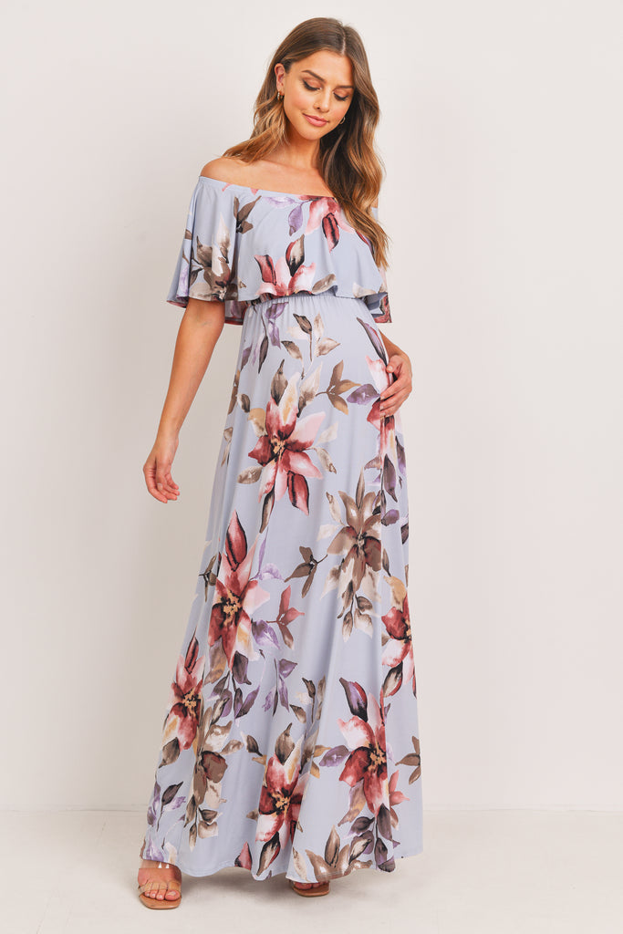 Light Blue Floral Off Shoulder Maternity Maxi Dress