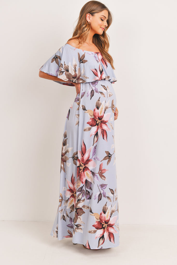 Light Blue Floral Off Shoulder Maternity Maxi Dress