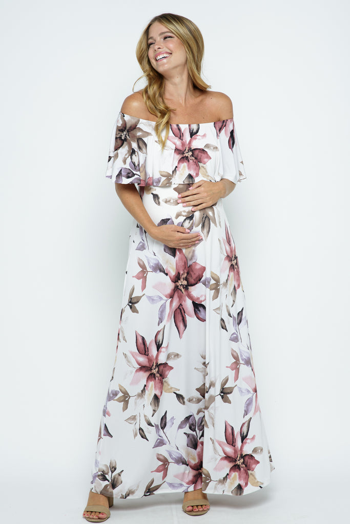 Ivory Floral Off Shoulder Maternity Maxi Dress