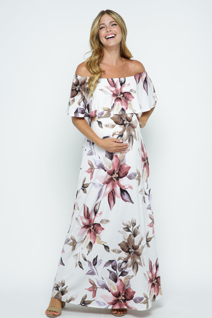 Ivory Floral Off Shoulder Maternity Maxi Dress