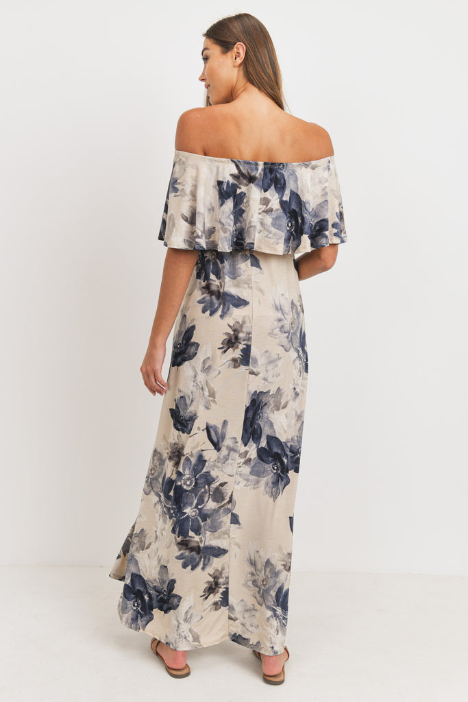 Taupe Ruffle Off The Shoulder Maxi Maternity Dress