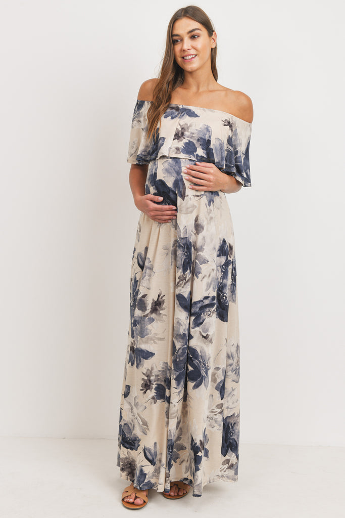 Taupe Ruffle Off The Shoulder Maxi Maternity Dress