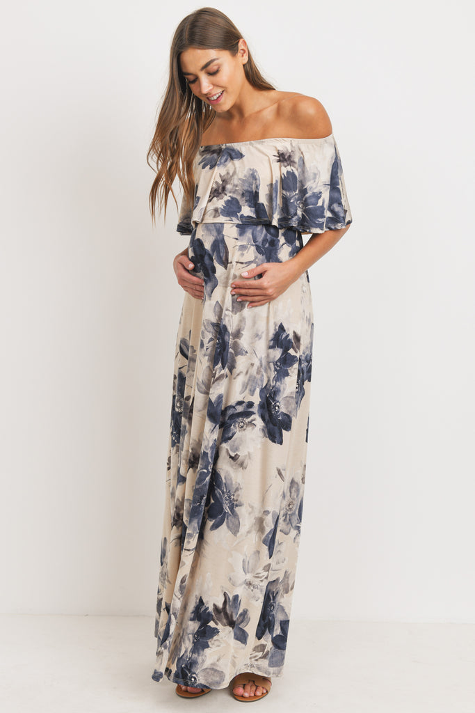 Taupe Ruffle Off The Shoulder Maxi Maternity Dress