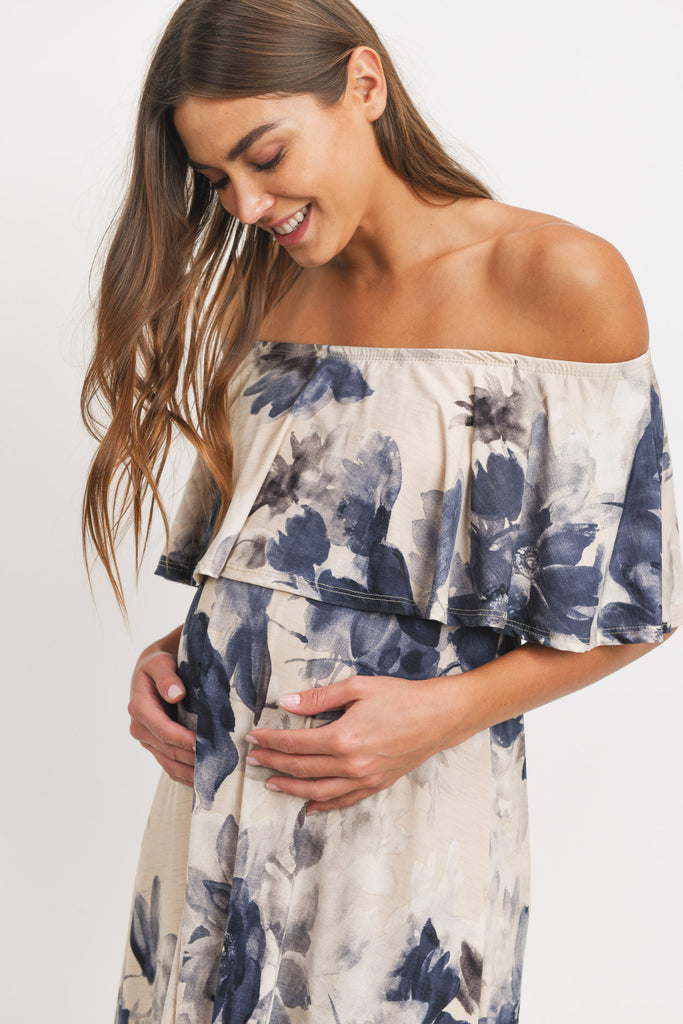 Taupe Ruffle Off The Shoulder Maxi Maternity Dress