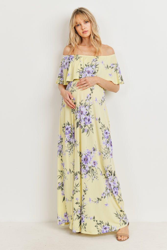 Yellow Floral Off Shoulder Maternity Maxi Dress