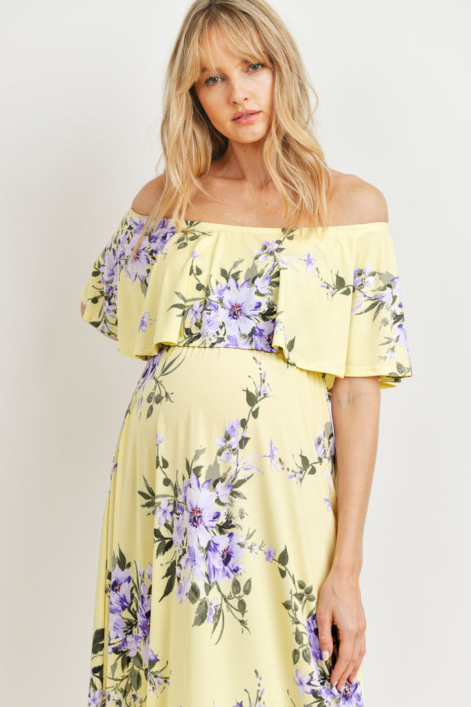 Yellow Floral Off Shoulder Maternity Maxi Dress