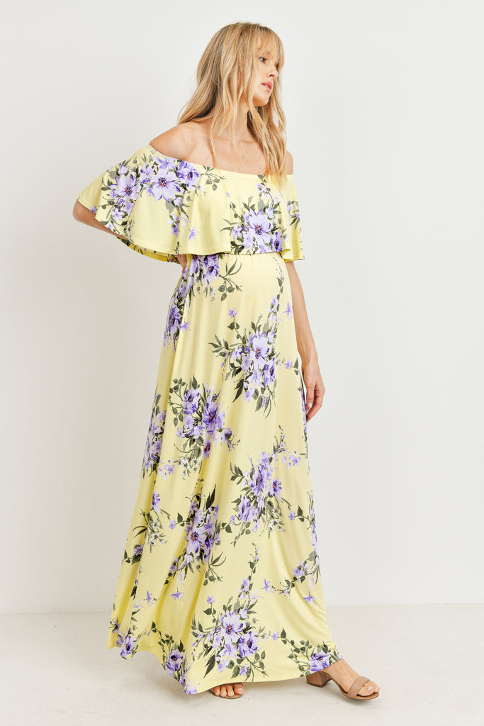 Yellow Floral Off Shoulder Maternity Maxi Dress