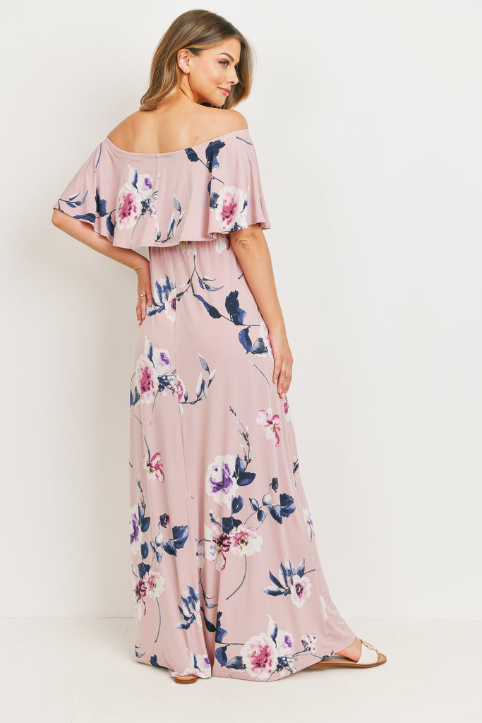 Mauve Floral Off Shoulder Maternity Maxi Dress