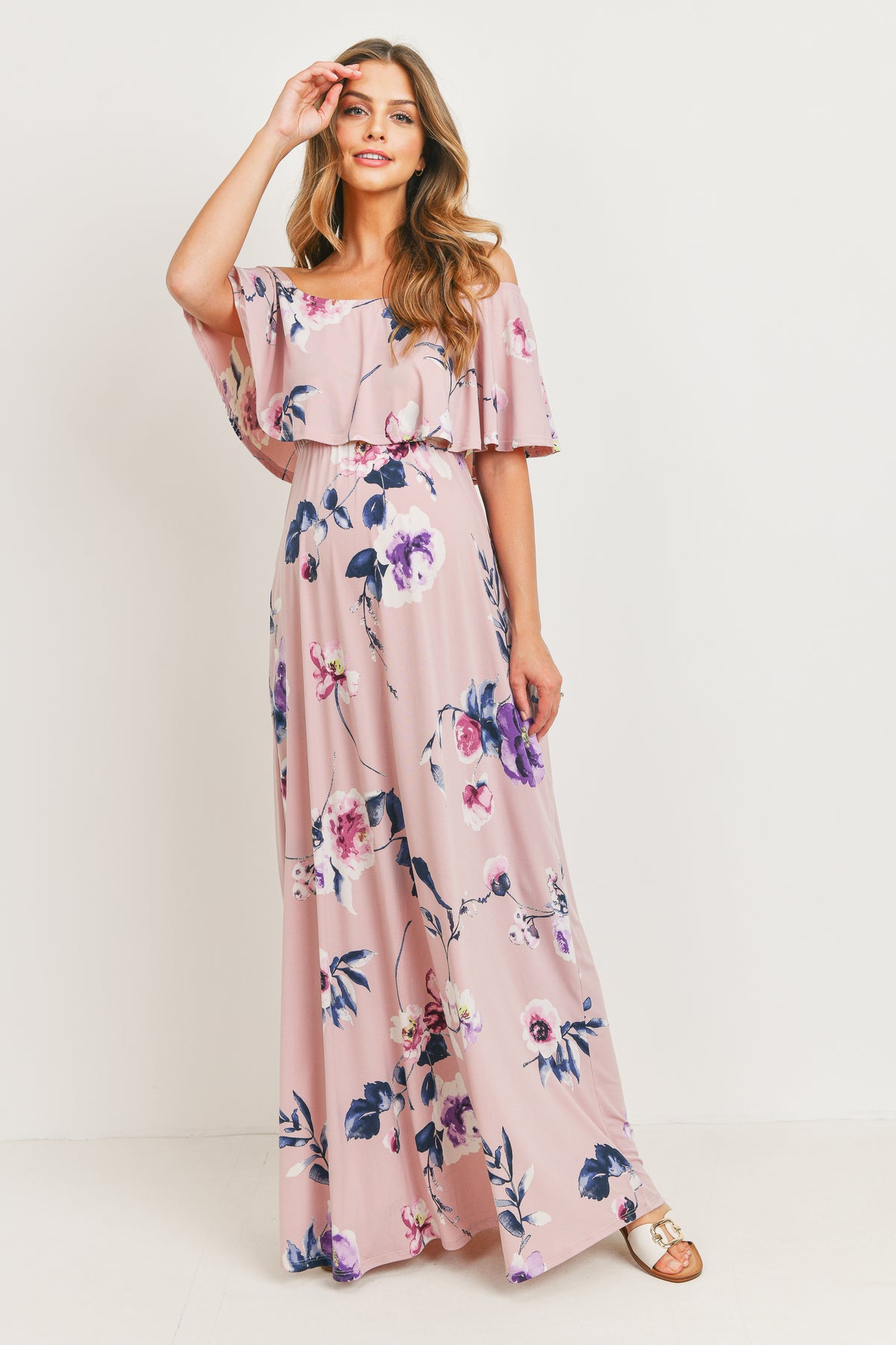 Mauve Floral Off Shoulder Maternity Maxi Dress