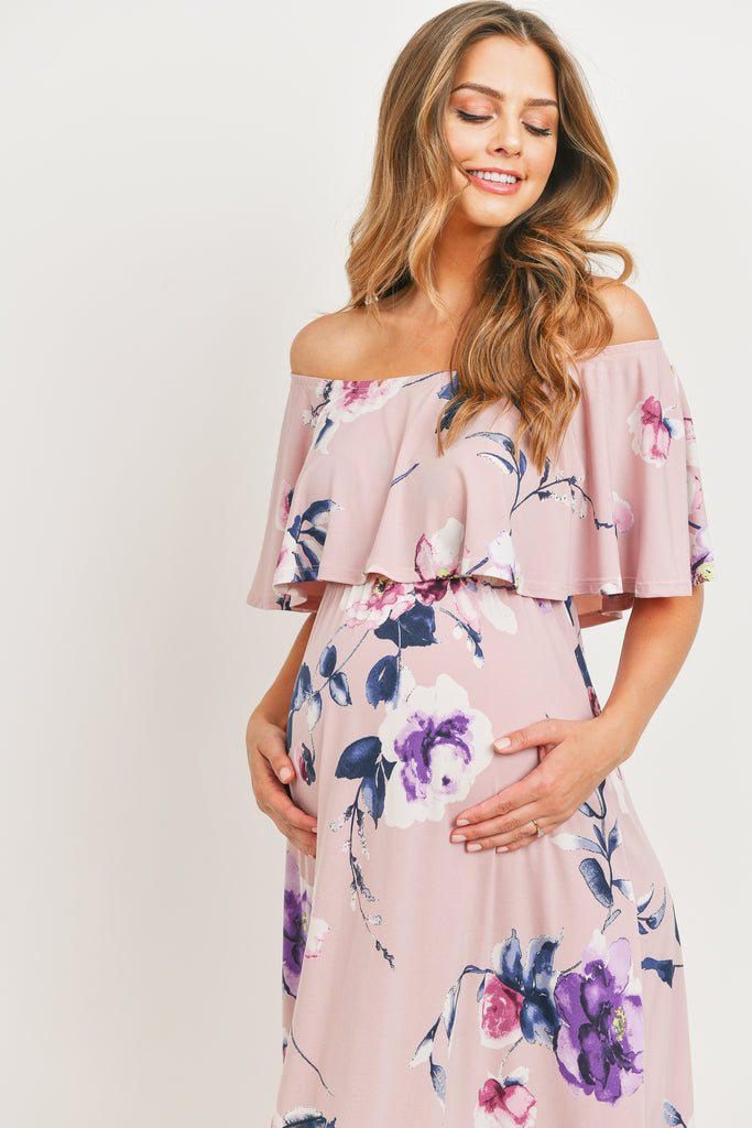 Mauve Floral Off Shoulder Maternity Maxi Dress